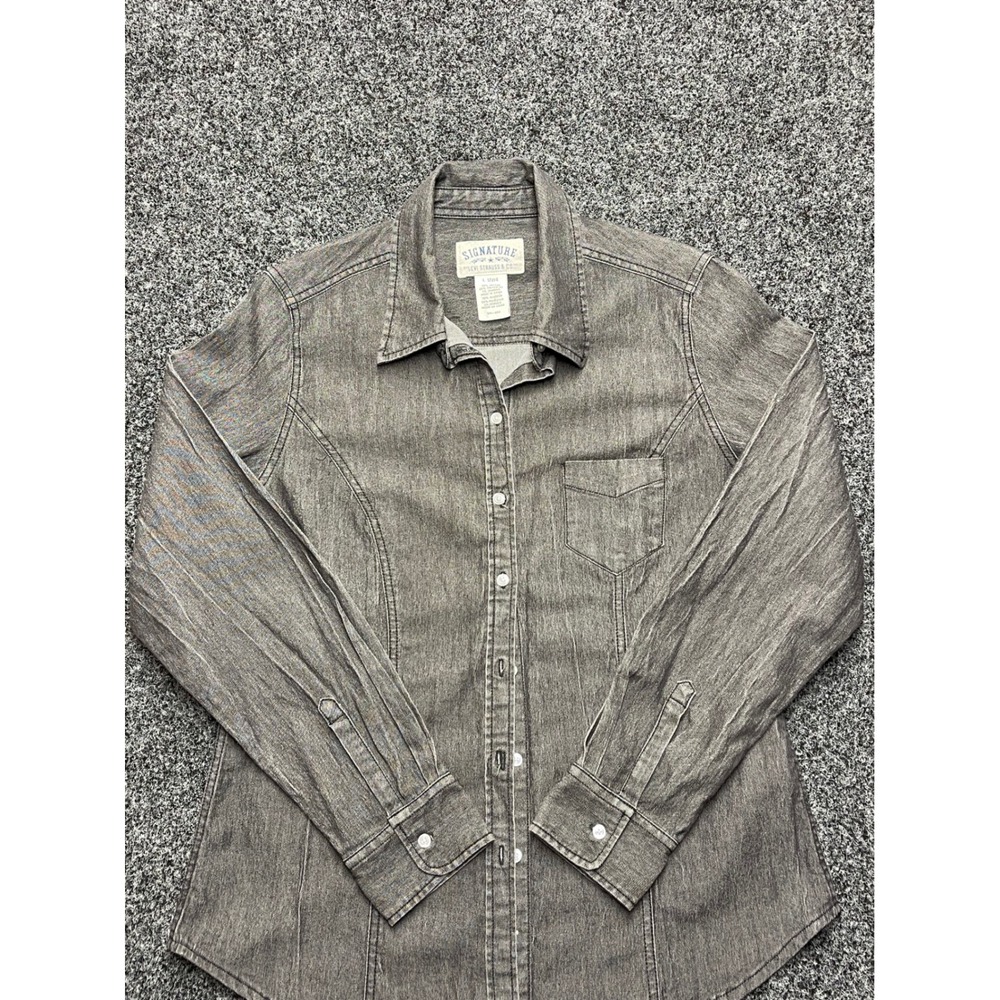 Signature by Levi Strauss & Co Womens Gray Denim Button Down Shirt Size L 12/14